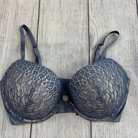 Victoria's Secret 36D Push-up Padded Bra Light Blue Floral Lace Shimmer Band - Picture 1 of 12